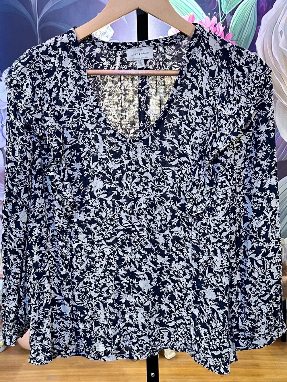 Lucky Brand Women's Floral Print Blouse Small Black White Viscose Long Sleeve